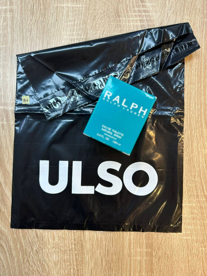 Bolsa de seguridad negra con logo blanco y etiqueta colgante