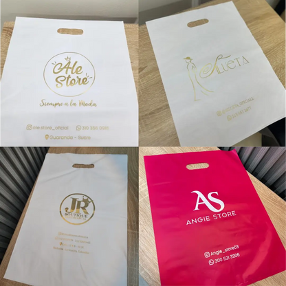 Bolsas plásticas boutique personalizadas con logos de clientes en varios colores
