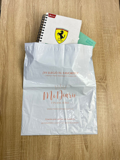 Bolsa de seguridad blanca estampada en dorado con redes sociales
