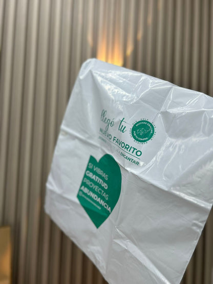 Bolsa de seguridad blanca estampada en negro para tienda de zapatos