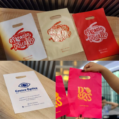 Bolsas plásticas boutique personalizadas con logos de clientes en varios colores