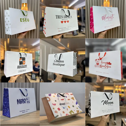 Bolsa premium blanca con cinta negra y logo, montaje de catálogo