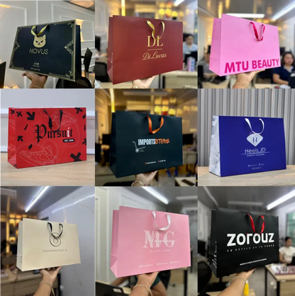 Bolsas premium personalizadas en varios colores con logos de clientes